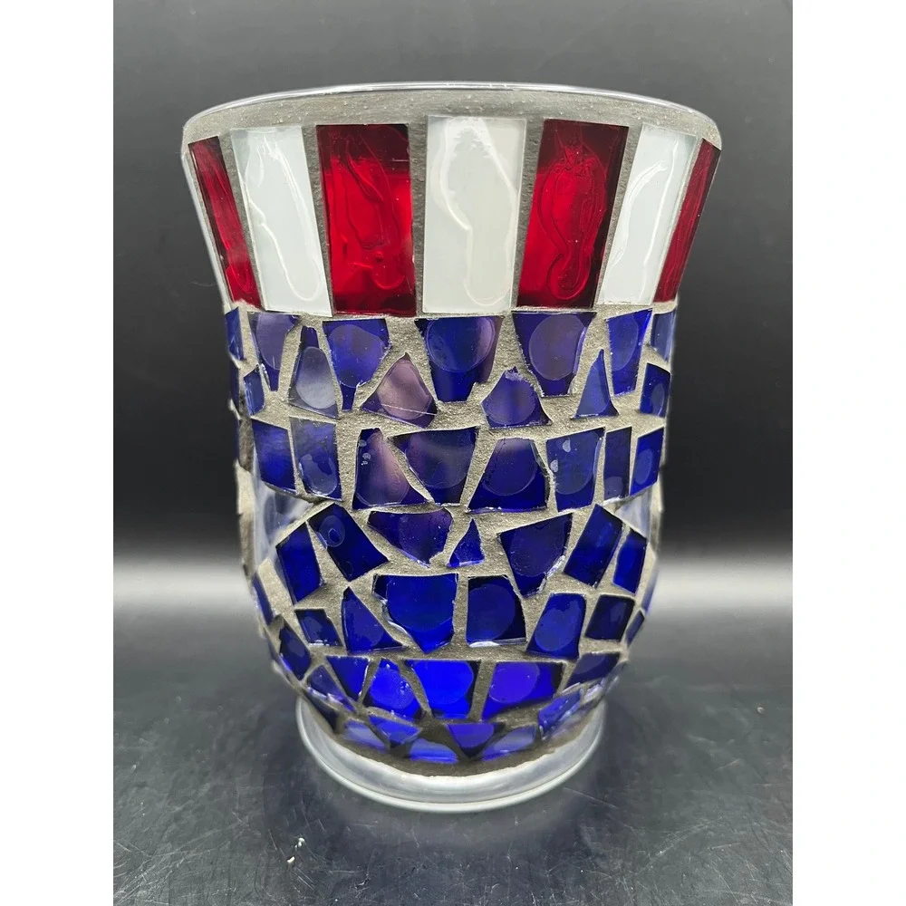 Vtg Home Interior Patriotic Mosaic Candle Holder Red White Blue‎ 5.5" x 4.25" - Picture 3 of 7